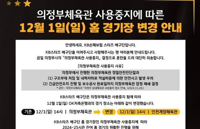 의정부체육관 사용중지에 따른 12월 1일(일) 홈 경기장 변경 안내