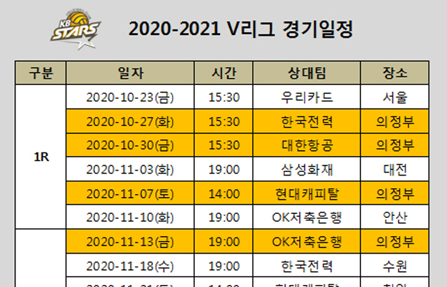 2020-2021시즌 KB손해보험 배구단 경기일정 및 전체일정
